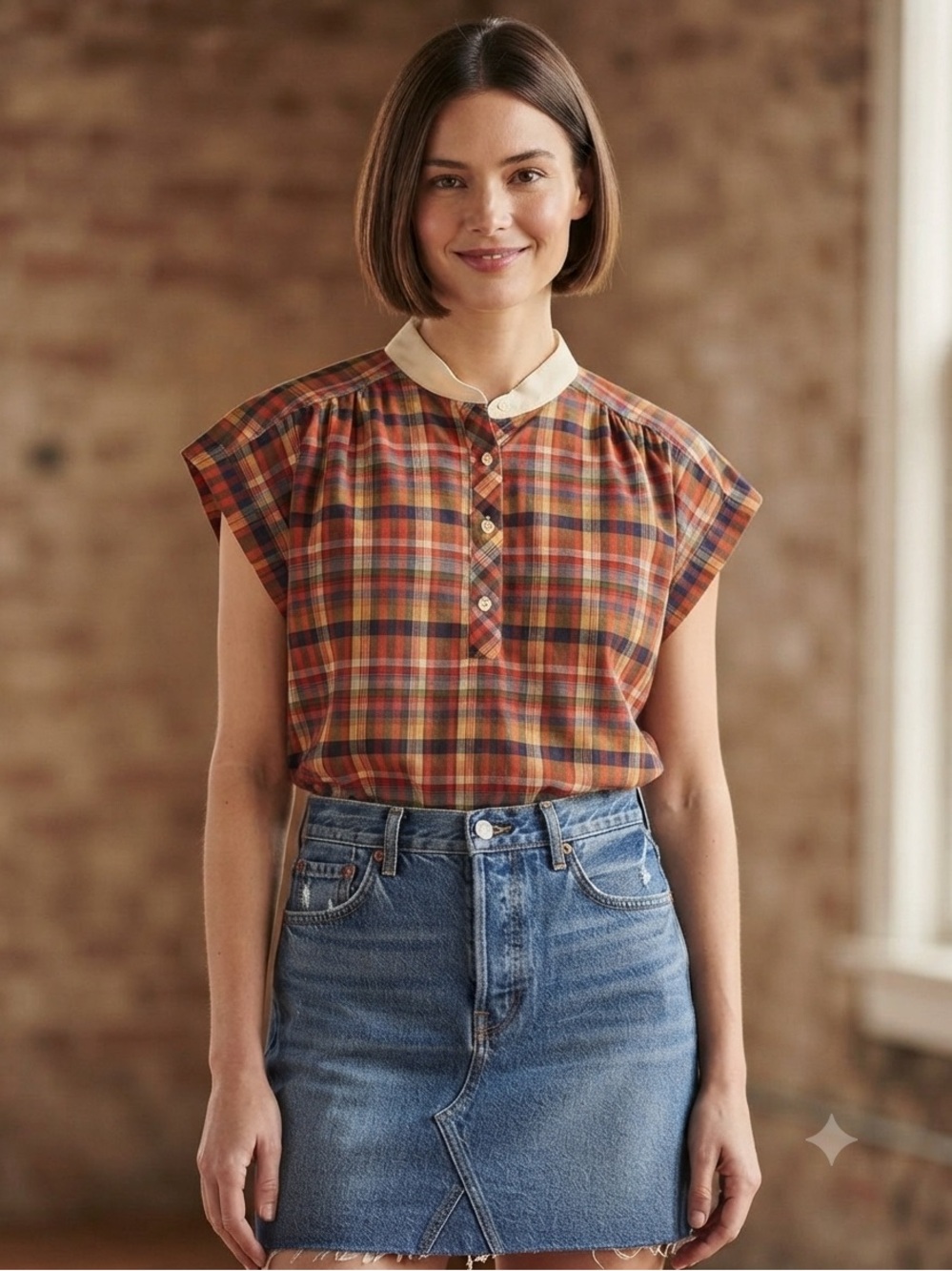 VINTAGE 90s Y2K Eccobay Red Multi Plaid Short Cap Sleeve Tunic with Cream Collar